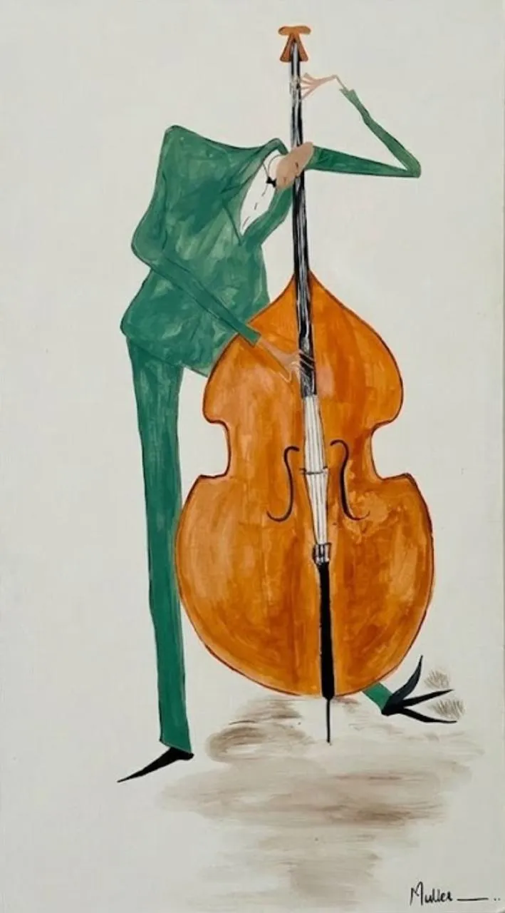 Harmony in Green, a green figure playing an orange double bass, by Mulira Nelly